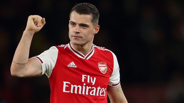 Granit Xhaka pictured at full time following Arsenal's 3-2 win against Everton