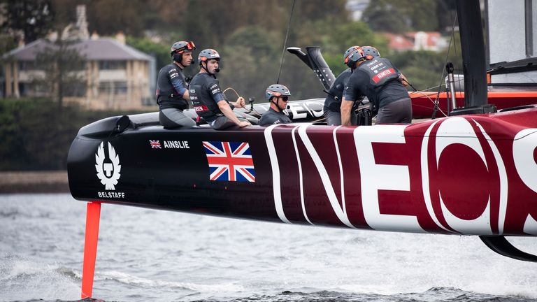 Great Britain SailGP Team helmed by Ben Ainslie in action during a practice session ahead of Sydney SailGP, Event 1 Season 2 in Sydney Harbour, Sydney, Australia. 21 February 2020. Photo: Lloyd Images for SailGP. Handout image supplied by SailGP