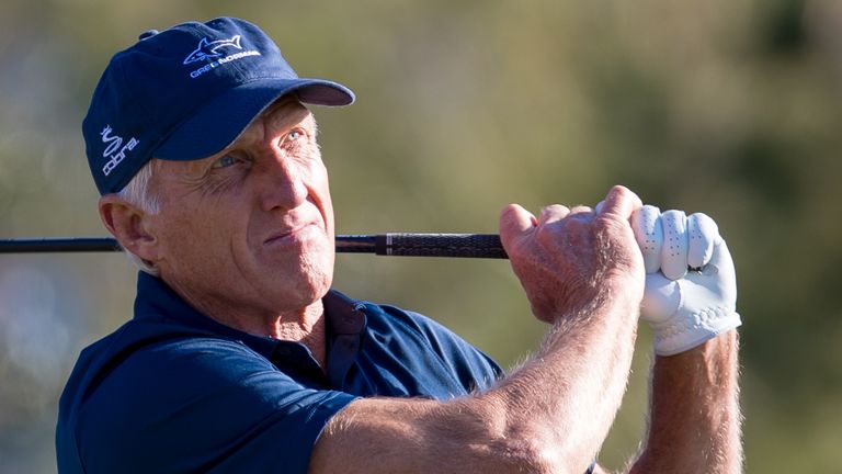 ORLANDO, FL - DECEMBER 14: Greg Norman hits a tee shot on the 10th tee during the first round of the PNC Father/Son Challenge at The Ritz-Carlton Golf Club on December 14, 2017 in Orlando, Florida. (Photo by Manuela Davies/Getty Images) *** Local Caption *** Greg Norman