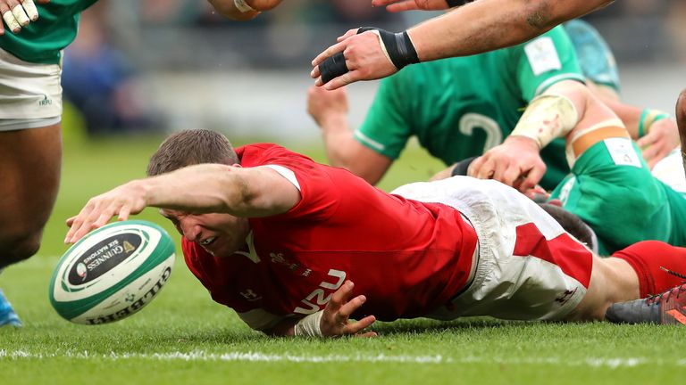 Hadleigh Parkes is unable to keep control of the ball as he reaches for the tryline