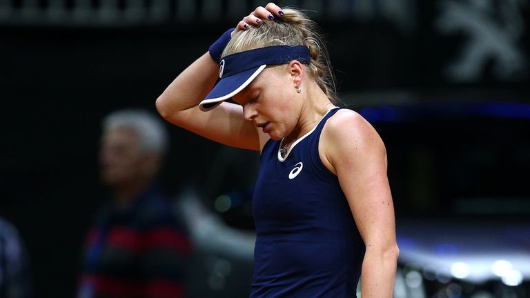 Great Britain's Harriet Dart looks dejected after losing a game during her singles match against Viktoria Kuzmova of Slovakia during the Fed Cup Qualifier match between Slovakia and Great Britain at AXA Arena NTC on February 7, 2020 in Bratislava, Slovakia.