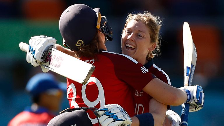 England Women captain Heather Knight celebrates her maiden T20 century with Nat Sciver
