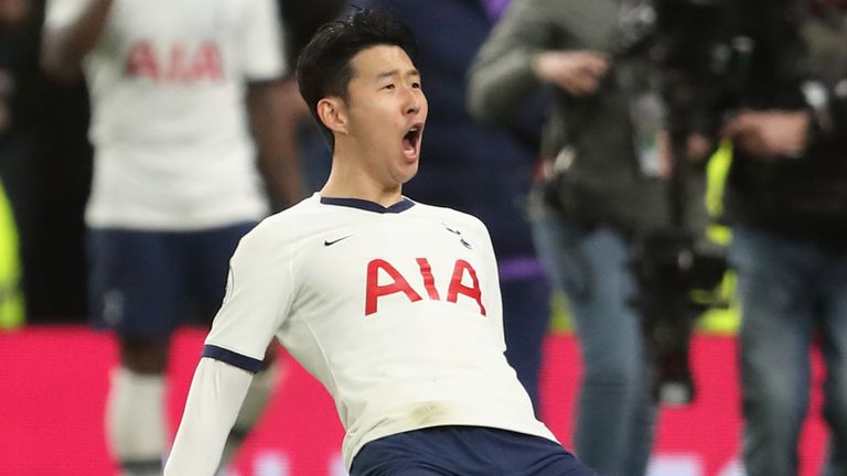 Heung-Min Son celebrates scoring against Manchester City