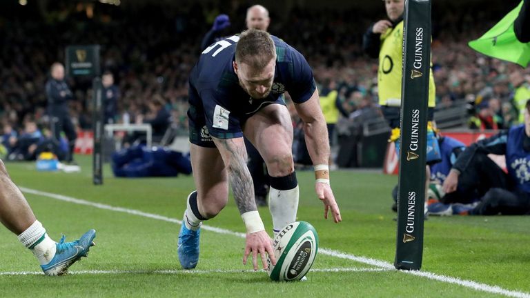 Stuart Hogg dropped the ball over the line in the act of trying to score on 50 minutes