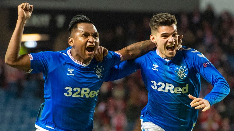 Ianis Hagi (right) celebrates his second goal with Alfredo Morelos that completed a 3-2 win for Rangers