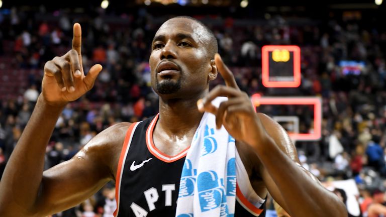 Serge Ibaka of the Toronto Raptors after a win against against the Indiana Pacers