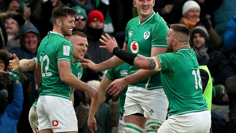 Ireland celebrate after Andrew Conway scores