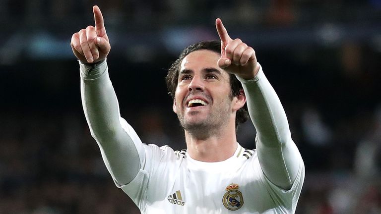 Isco celebrates scoring for Real Madrid against Manchester City