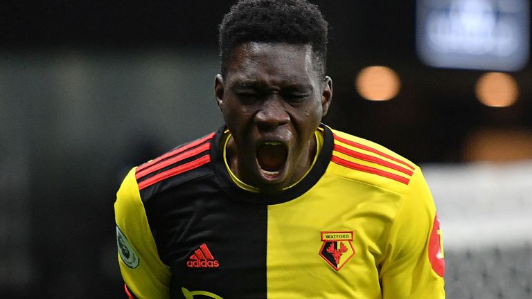 Ismaila Sarr celebrates after he scores Watford's first goal