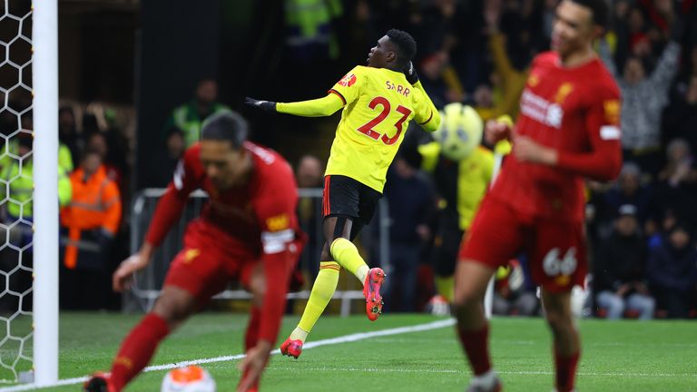 Ismaila Sarr celebrates after he scores his second goal of the game