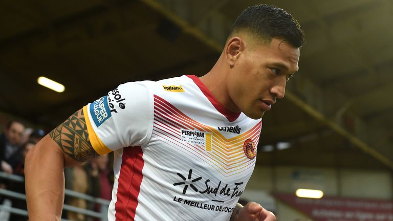 PERPIGNAN, FRANCE - FEBRUARY 15: Israel Folau of Catalans Dragons walks out prior to the Betfred Super League match between Catalans Dragons and Castleford Tigers at Stade Gilbert Brutus on February 15, 2020 in Perpignan, France. (Photo by Alex Caparros/Getty Images)