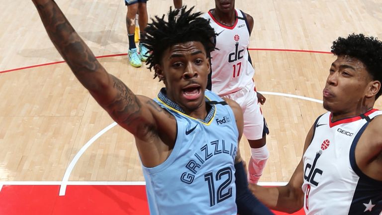Memphis&#39; Ja Morant attacks the basket against the Wizards