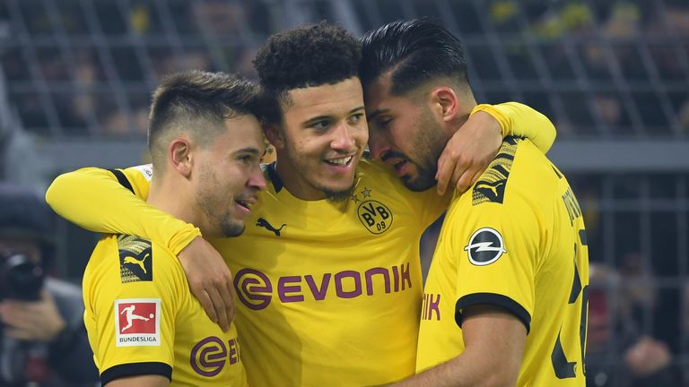 Jadon Sancho celebrates his well-taken goal in Borussia Dortmund's win