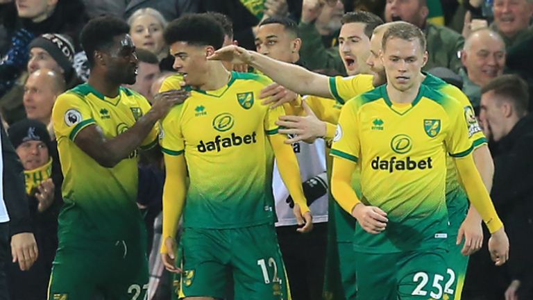 Jamal Lewis celebrates scoring for Norwich against Leicester