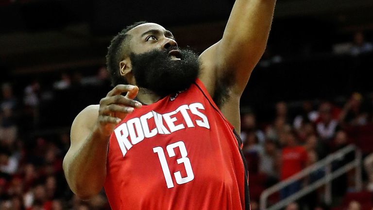 James Harden scores at the rim during Houston's win against New Orleans