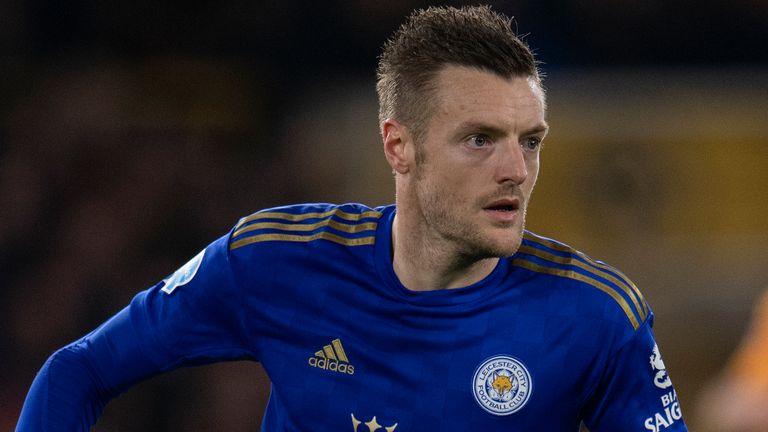 WOLVERHAMPTON, ENGLAND - FEBRUARY 14: Jamie Vardy of Leicester City during the Premier League match between Wolverhampton Wanderers and Leicester City at Molineux on February 14, 2020 in Wolverhampton, United Kingdom. (Photo by VISIONHAUS)