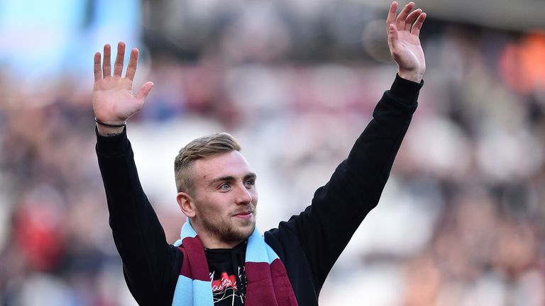 West Ham&#39;s new signing English striker Jarrod Bowen is unveiled to fans ahead of the English Premier League football match between West Ham United and Brighton and Hove Albion at The London Stadium, in east London on February 1, 2020. 