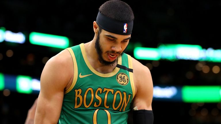 Jayson Tatum celebrates a basket in the Celtics&#39; win over the Clippers