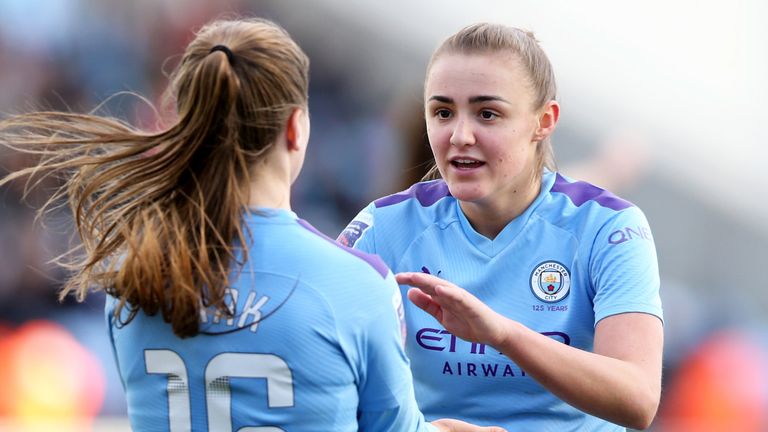 Jess Park celebrates her goal with Georgia Stanway during Man City's convincing win