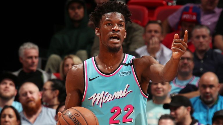 Jimmy Butler directs a possession during the Heat's win over the 76ers