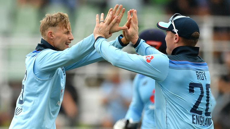 DURBAN, SOUTH AFRICA - FEBRUARY 07: Joe Root of England celebrates with Jason Roy after taking the wicket of Quiton de Kock of South Africa during the Second One Day International match between England and South Africa at Kingsmead Stadium on February 07, 2020 in Durban, South Africa.