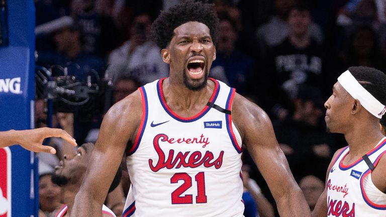 Joel Embiid celebrates a basket during the Sixers win over the Nets