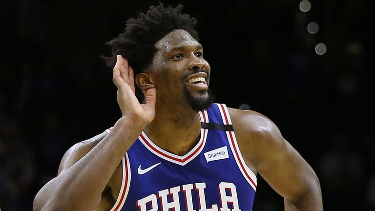 Joel Embiid milks the cheers at Wells Fargo Center