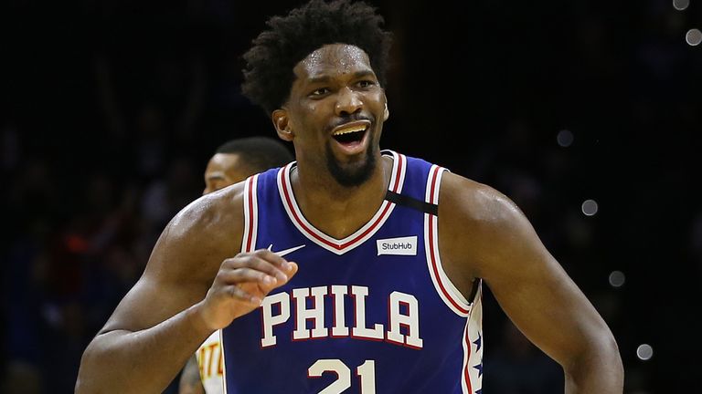 Joel Embiid celebrates a basket in the 76ers&#39; win over the Hawks