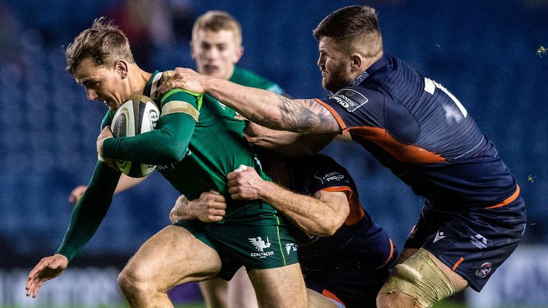 21 February 2020; John Porch of Connacht is tackled by Luke Crosbie of Edinburgh during the Guinness PRO14 Round 12 match between Edinburgh and Connacht at BT Murrayfield in Edinburgh, Scotland. Photo by Paul Devlin/Sportsfile