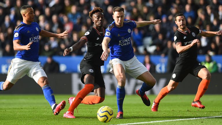 Jonny Evans of Leicester City and Tammy Abraham of Chelsea in action at The King Power Stadium
