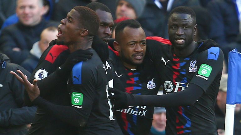 Jordan Ayew celebrates his opener with Crystal Palace team-mates