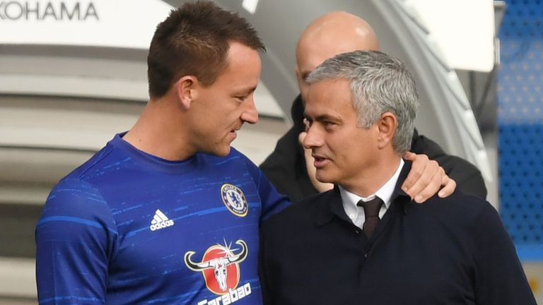 John Terry of Chelsea greets Jose Mourinho, Manager of Manchester United prior to the Premier League match between Chelsea and Manchester United at Stamford Bridge on October 23, 2016 in London, England.