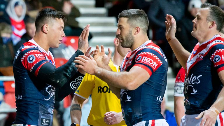 Picture by Allan McKenzie/SWpix.com - 22/02/2020 - Rugby League - Betfred World Club Challenge - St Helens v Sydney Roosters - The Totally Wicked Stadium, Langtree Park, St Helens, England - Sydney&#39;s Joseph Manu scores a try against St Helens.