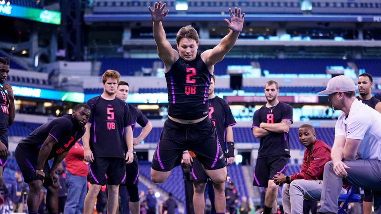 Buffalo Bills quarterback Josh Allen competes in the broad jump in 2018