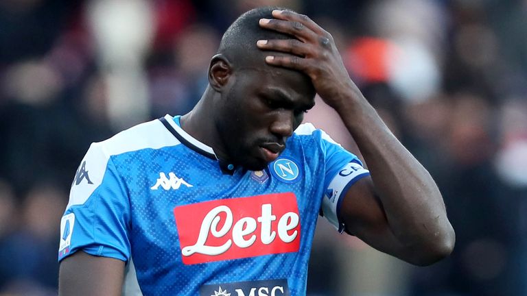 NAPLES, ITALY - FEBRUARY 09: Kalidou Koulibaly of SSC Napoli Disappointed ,during the Serie A match between SSC Napoli and US Lecce at Stadio San Paolo on February 9, 2020 in Naples, Italy. (Photo by MB Media/Getty Images)