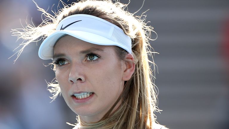 Katie Boulter of Great Britain celebrates after winning a point during her Women's Singles first round match against Elina Svitolina of Ukraine on day two of the 2020 Australian Open at Melbourne Park on January 21, 2020 in Melbourne, Australia.