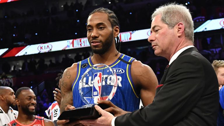 Kawhi Leonard receives the first Kobe Bryant All-Star MVP award after scoring a game-high 30 points for Team LeBron