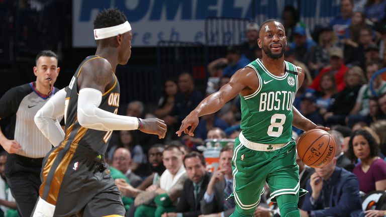 Kemba Walker of the Boston Celtics handles the ball against the Oklahoma City Thunder