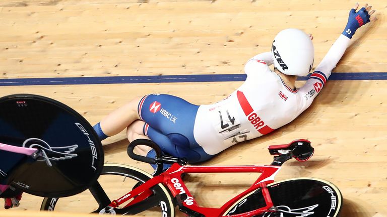 Great Britain's Laura Kenny crashes during day three of the 2020 UCI Track Cycling World Championships