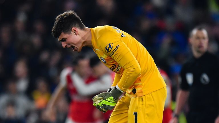 Chelsea&#39;s Kepa Arrizabalaga frustrated as Arsenal&#39;s Hector Bellerin scores a late equaliser during the Premier League match between Chelsea FC and Arsenal FC at Stamford Bridge on January 21, 2020 in London, United Kingdom. 