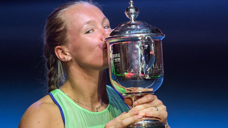 Netherlands' Kiki Bertens kisses the trophy after her victory over Kazakhstan's Elena Rybakina in their women's singles final tennis match at the St Petersburg Ladies Trophy tennis tournament at The Sibur Arena in Saint Petersburg on February 16, 2020