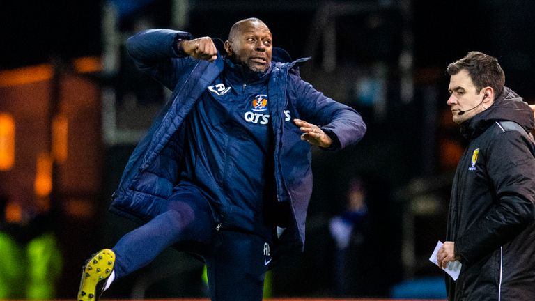 Kilmarnock boss Alex Dyer jumps for joy after his side's late winner