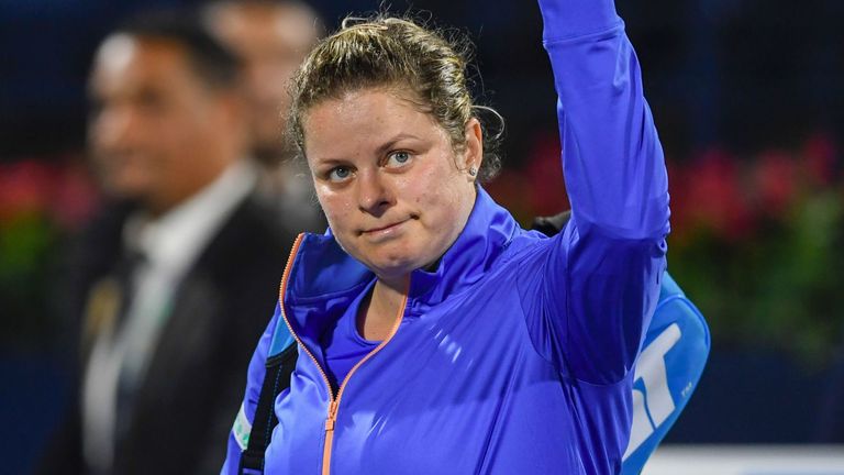 Kim Clijsters of the Belgium greets the crowd after her defeat to Garbine Muguruza of Spain during the WTA Dubai Duty Free Tennis Championship, at the Dubai Tennis Stadium in the United Arab Emirates, on February 17, 2020.
