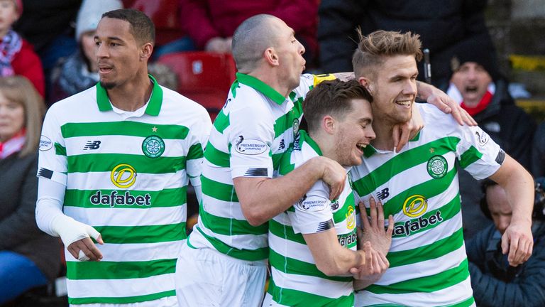 Celtic’s Kristoffer Ajer celebrates scoring against Aberdeen