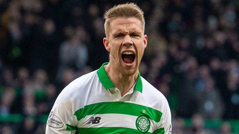 GLASGOW, SCOTLAND - FEBRUARY 23: Celtic's Kristoffer Ajer celebrates after he makes it 1-1 during a Ladbrokes Premiership match between Celtic and Kilmarnock at Celtic Park, on February 23, 2020, in Glasgow, Scotland. (Photo by Craig Foy / SNS Group)