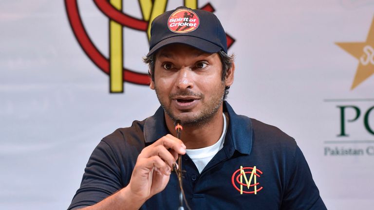 Former Sri Lankan cricketer Kumar Sangakkara and Marylebone Cricket Club (MCC) president speaks during a press conference in Lahore on February 13, 2020, ahead of a four-match tour as part of efforts to revive international cricket in Pakistan. (Photo by Arif ALI / AFP) (Photo by ARIF ALI/AFP via Getty Images)
