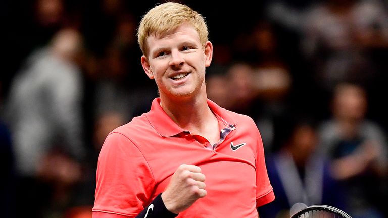 Kyle Edmund of Great Britain celebrates match point after winning the Men's Singles final match against Andreas Seppi of Italy on day seven of the 2020 NY Open at Nassau Veterans Memorial Coliseum on February 16, 2020 in Uniondale, New York.