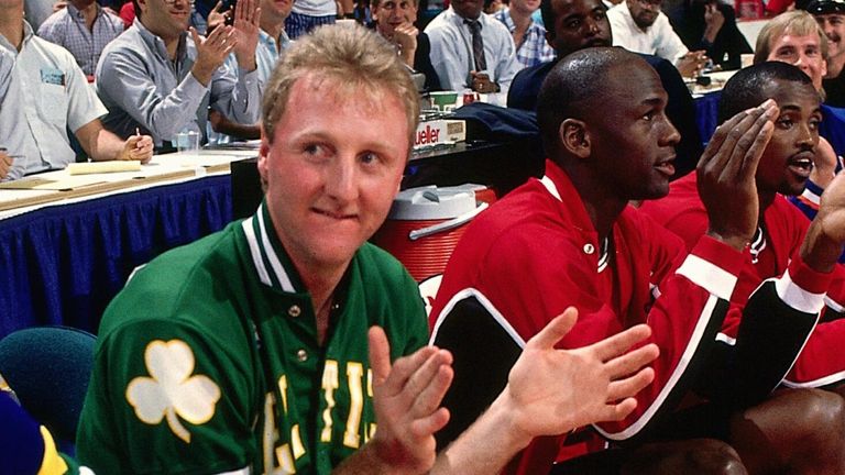 Larry Bird and Michael Jordan prepare to compete in the All-Star 3-Point Contest