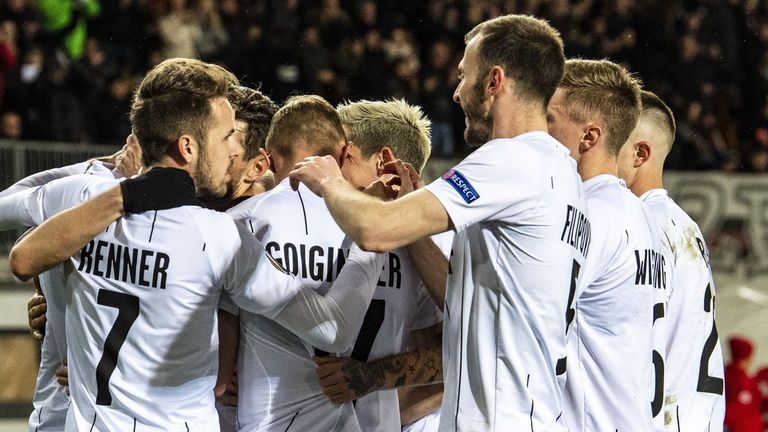 LASK celebrate a goal in their Europa League last-32 second-leg against AZ Alkmaar