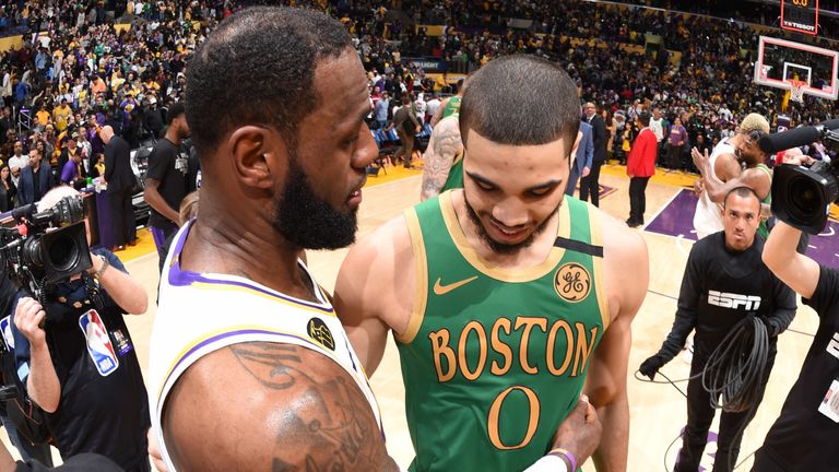 LeBron James congratulates Jayson Tatum after the Celtics forward scored 41 points in Boston&#39;s loss at Staples Center